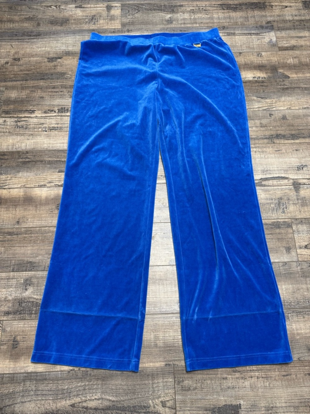 St. John Cobalt Blue Velvet Pants with Gold Logo Plaque Women's Size XLarge